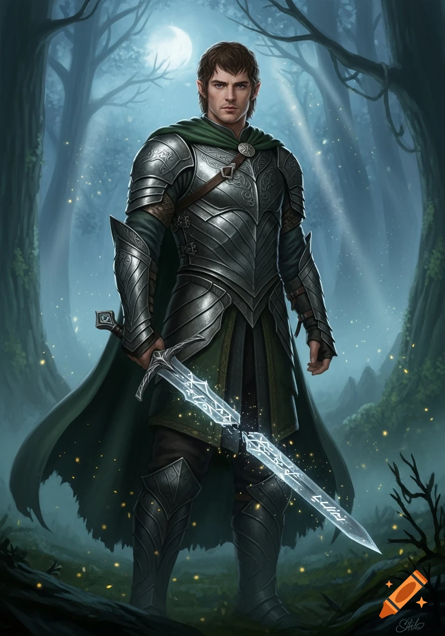 An armored elf-like warrior with short brown hair stands in a moonlit forest, holding a glowing, fractured sword. Fantasy art.