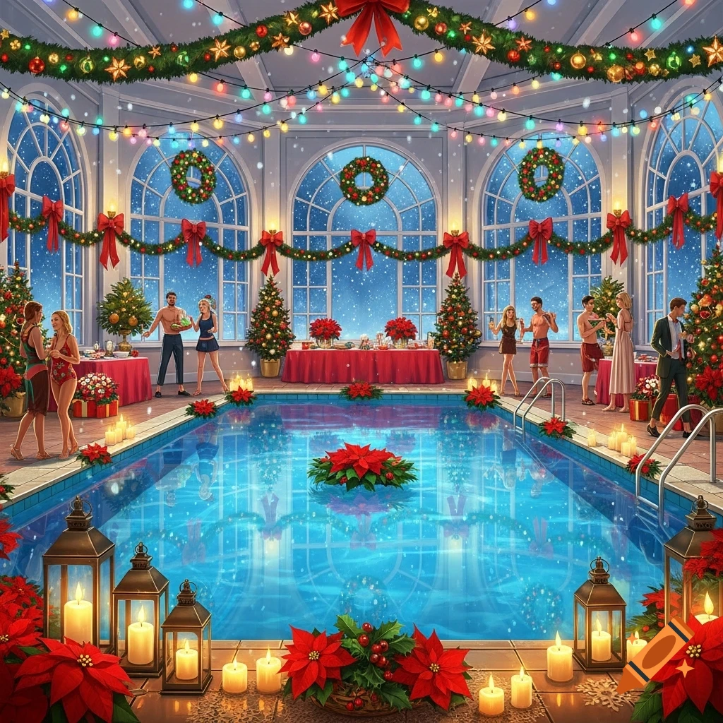 A lively Christmas party in an indoor swimming pool area, adorned with festive garlands, lights, trees, and poinsettias.