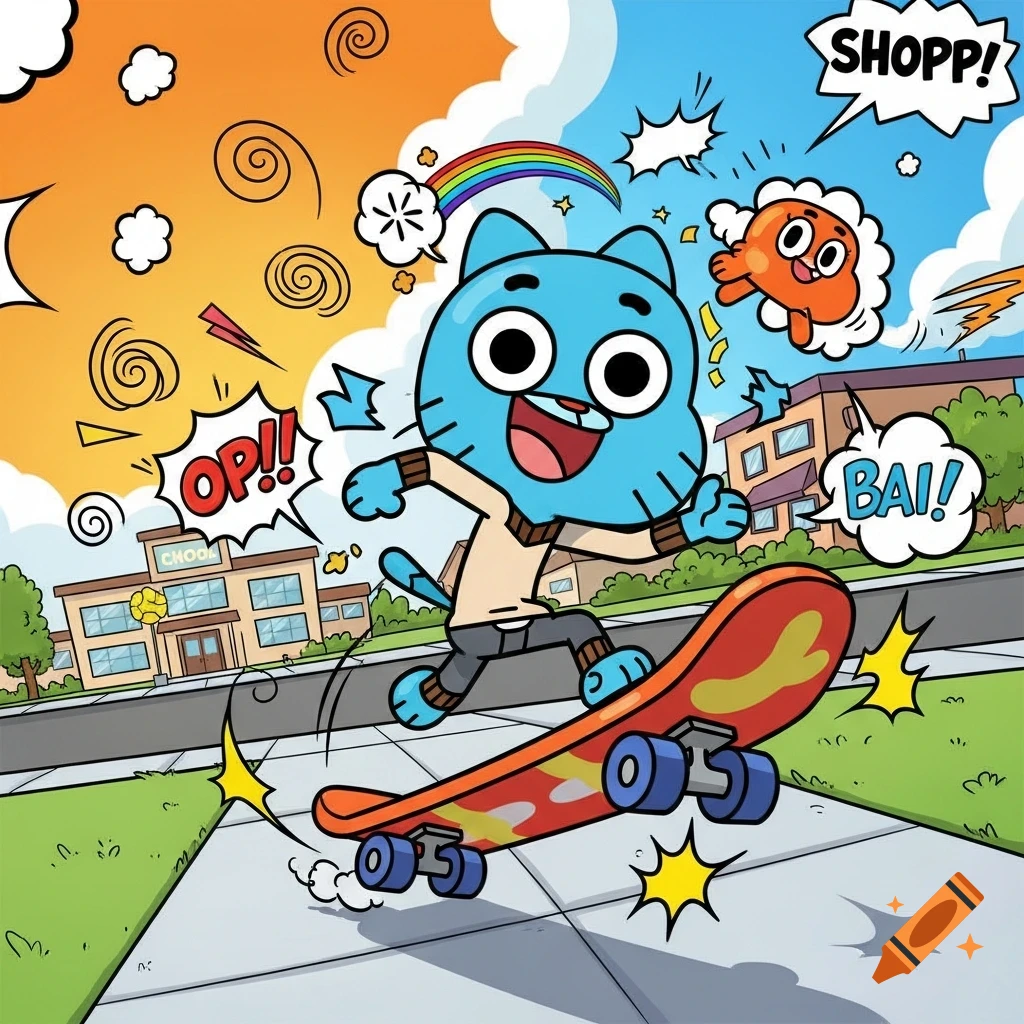 Gumball Watterson joyfully skateboards down a sidewalk, with Darwin Watterson floating nearby. A school building is in the background, all in a vibrant cartoon style.
