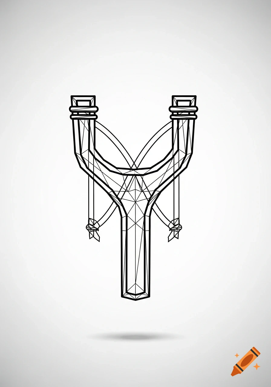 A black and white line art illustration of a slingshot template, composed entirely of straight lines, casting a subtle shadow on a white background.