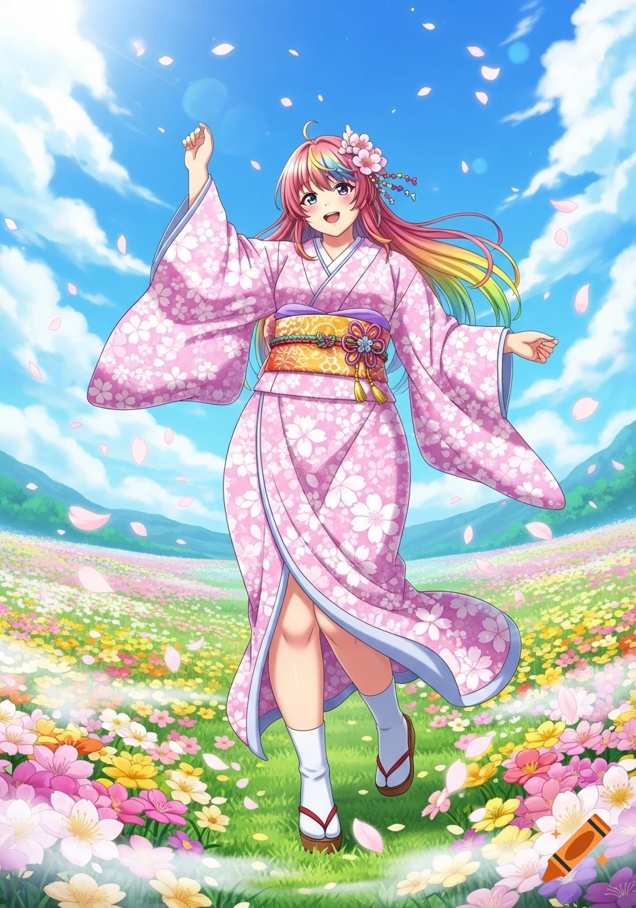 An anime girl with rainbow hair in a pink kimono with cherry blossoms, standing in a field of colorful flowers under a sunny blue sky.