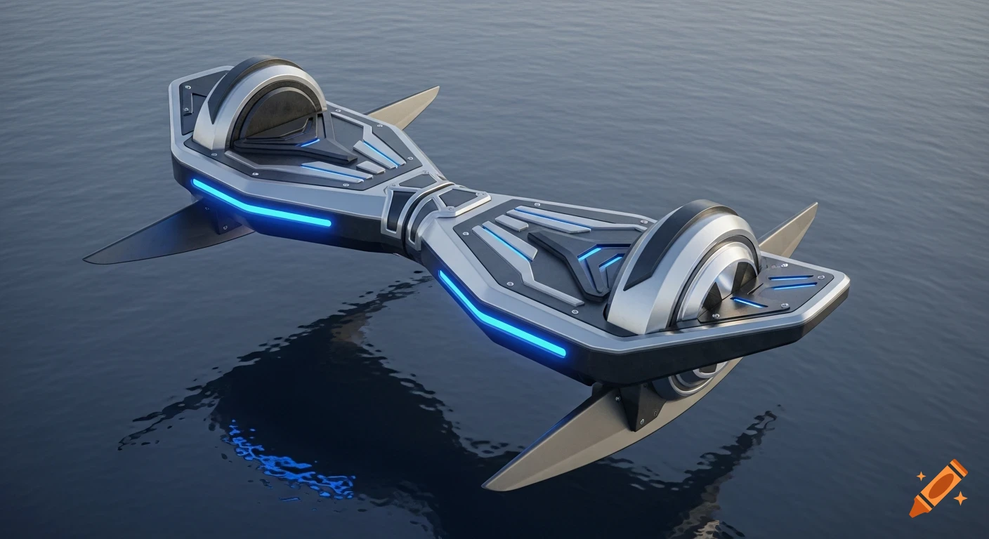 A sleek, futuristic hoverboard with blue LED lights and stabilizing fins glides over dark water, reflecting its glow.