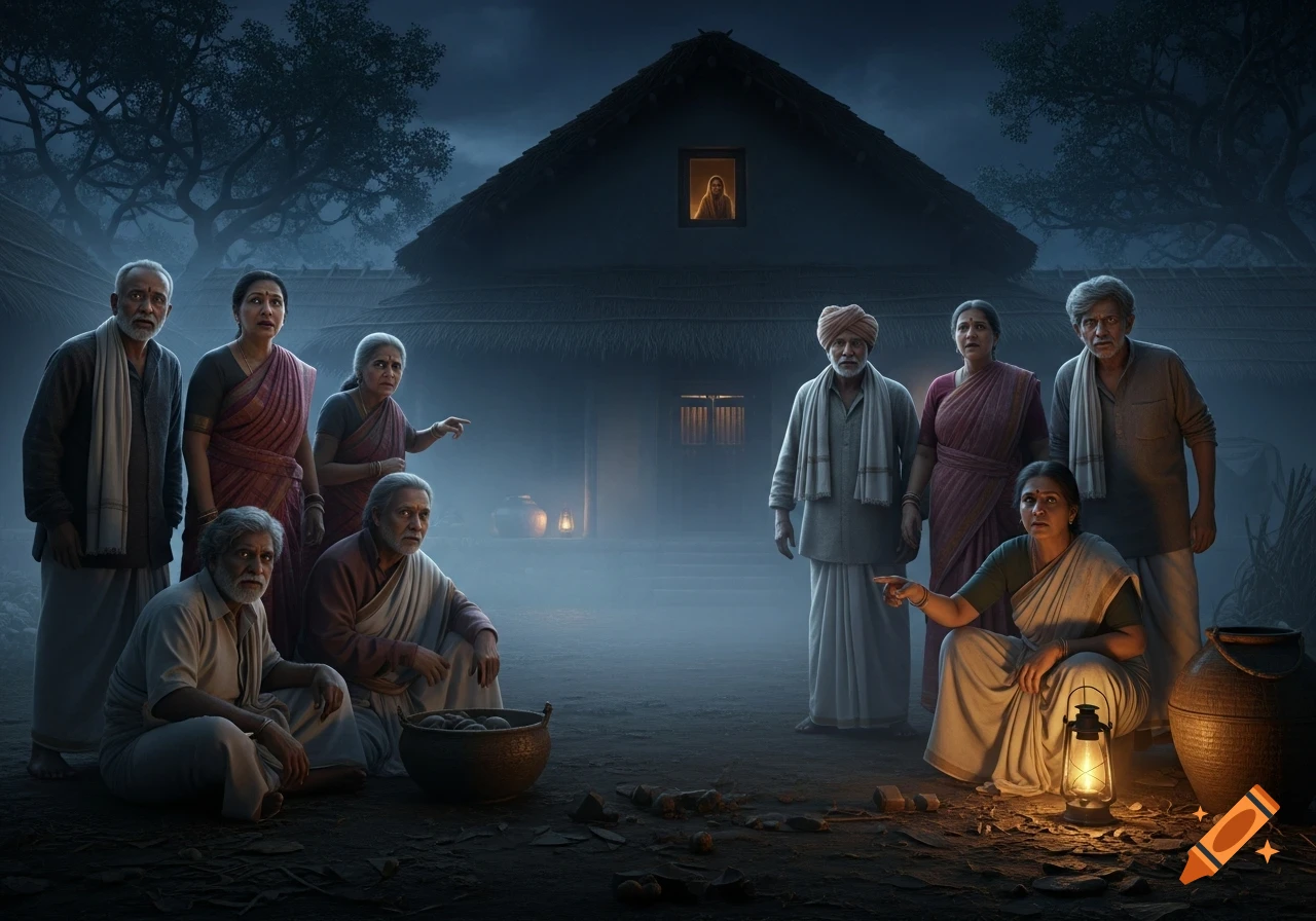A group of frightened Indian villagers, including old men and women, stand and sit in front of a house at night, illuminated by oil lamps in a foggy, dramatic scene.
