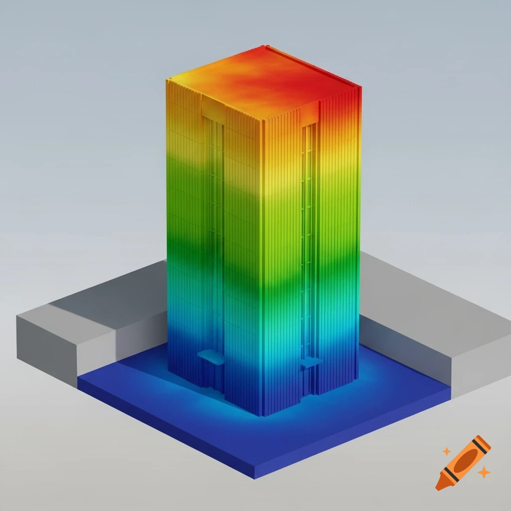 A 3D scientific visualization of a rectangular building with a vertical blue to red climate data gradient, on a gray and blue base.