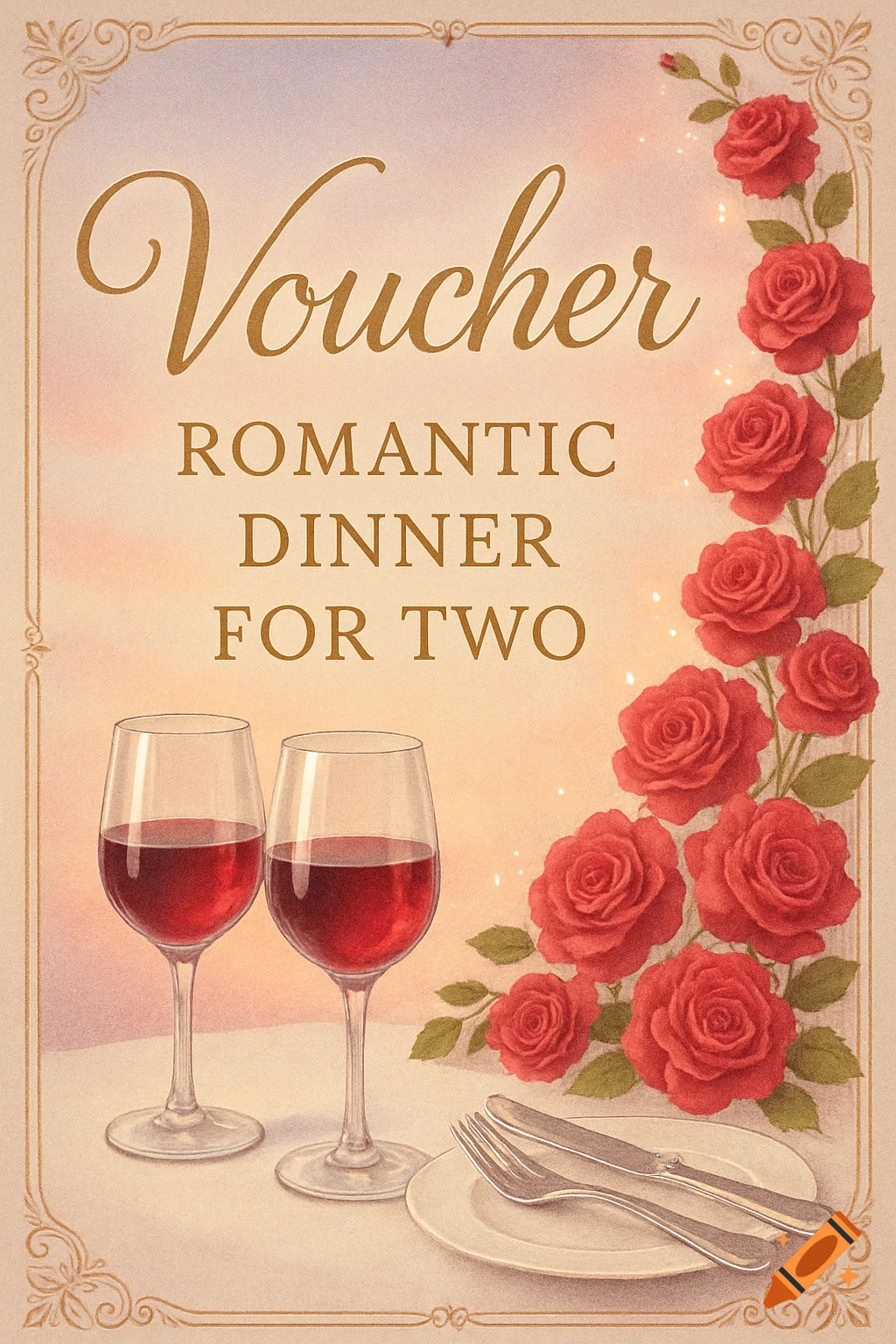 A romantic dinner voucher with two wine glasses, a plate with cutlery, and red roses on a soft gradient background.