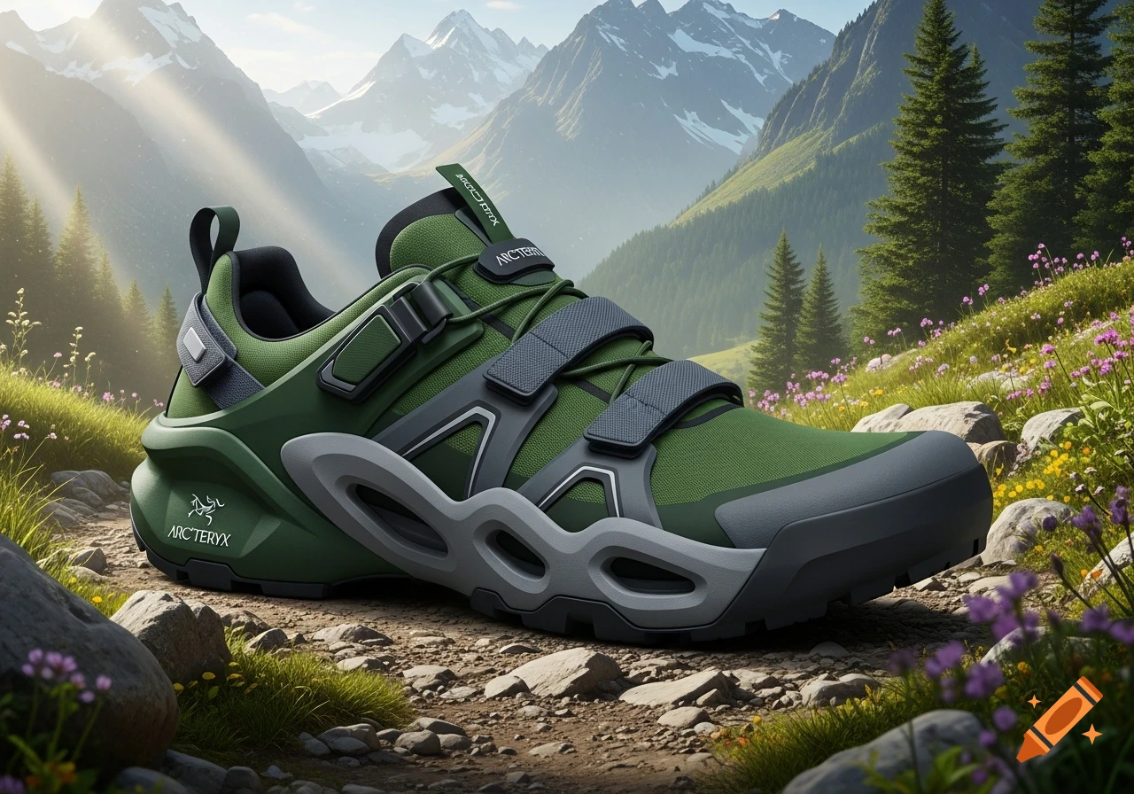 A green and gray hiking shoe with hook-and-loop straps on a rocky trail in a lush mountain valley with wildflowers and snow-capped peaks.