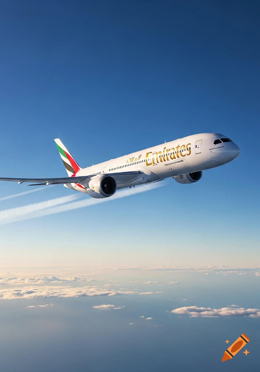 A white Emirates Boeing 787-9 airplane flying against a clear blue sky with clouds below.