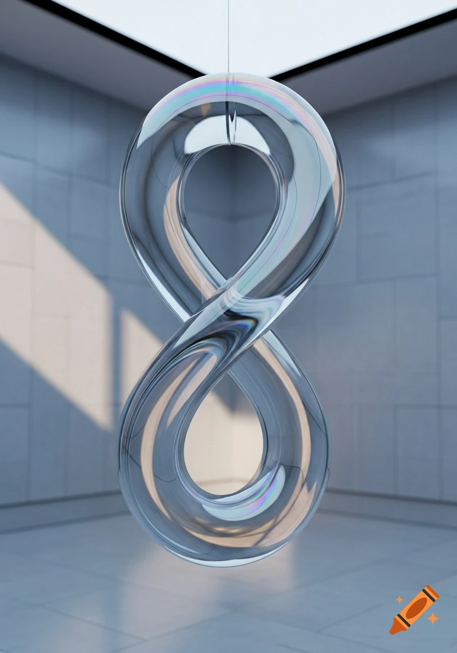 A shiny, clear, iridescent glass sculpture in the shape of an infinity symbol hangs in a minimalist room with geometric shadows.