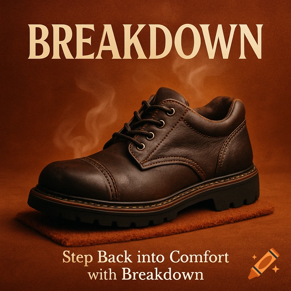 Photorealistic image of a brown leather shoe with text 'BREAKDOWN' and 'Step Back into Comfort with Breakdown' on a brown background.