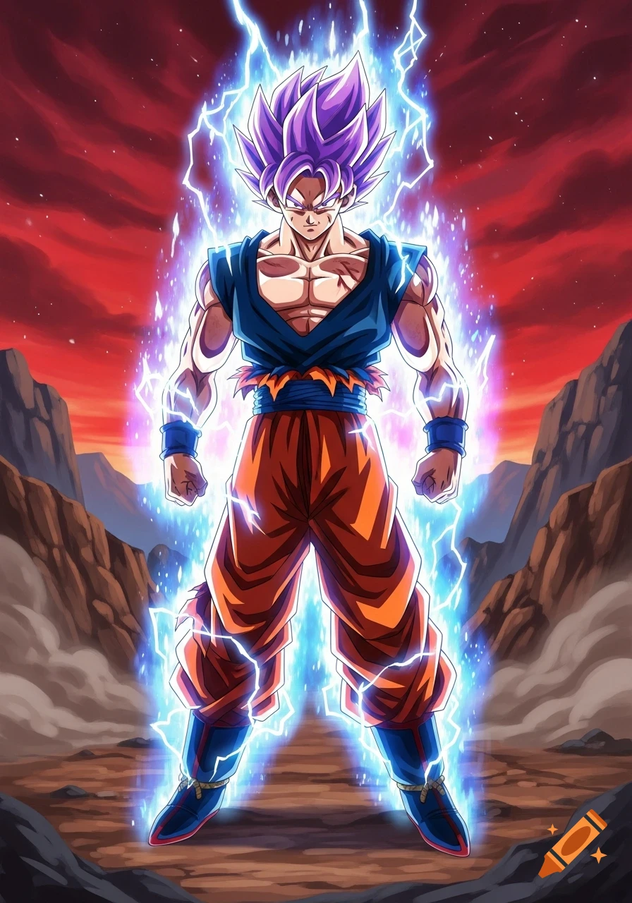 Anime character with purple spiky hair and blue aura stands powered up in a desolate, rocky landscape under a red sky.