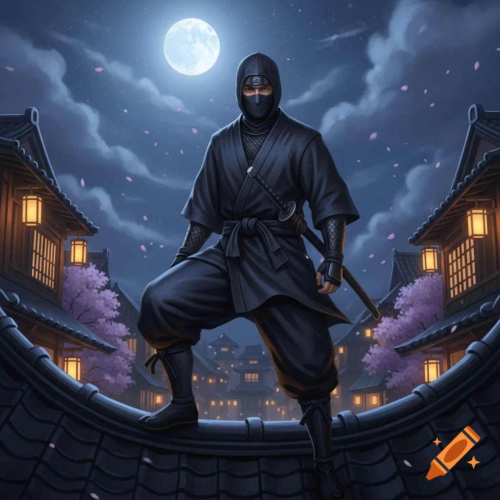 A ninja in black stands on a tiled rooftop at night, illuminated by a full moon, with traditional Japanese buildings and cherry blossoms.