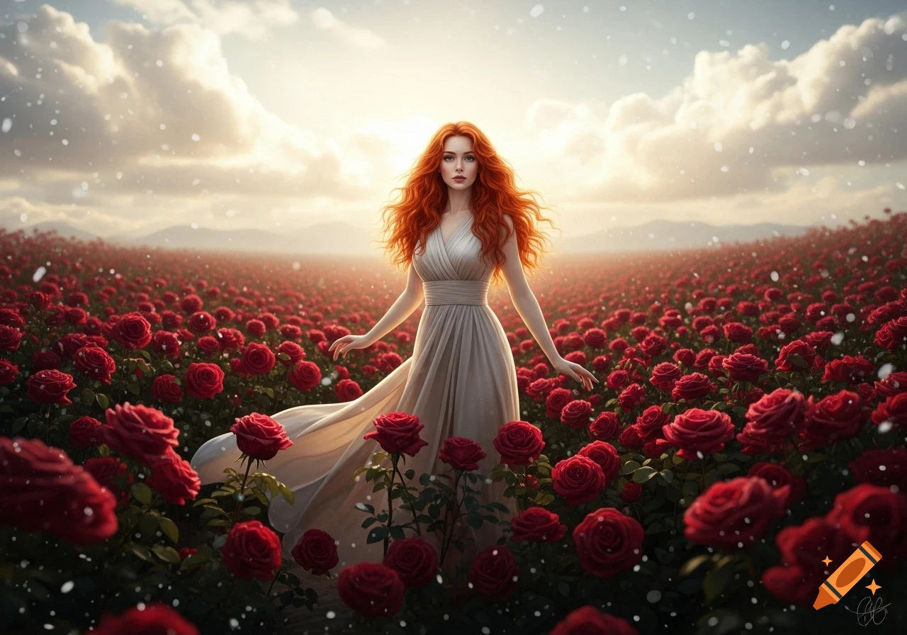 A red-haired woman in a flowing dress stands in a vast field of red ...