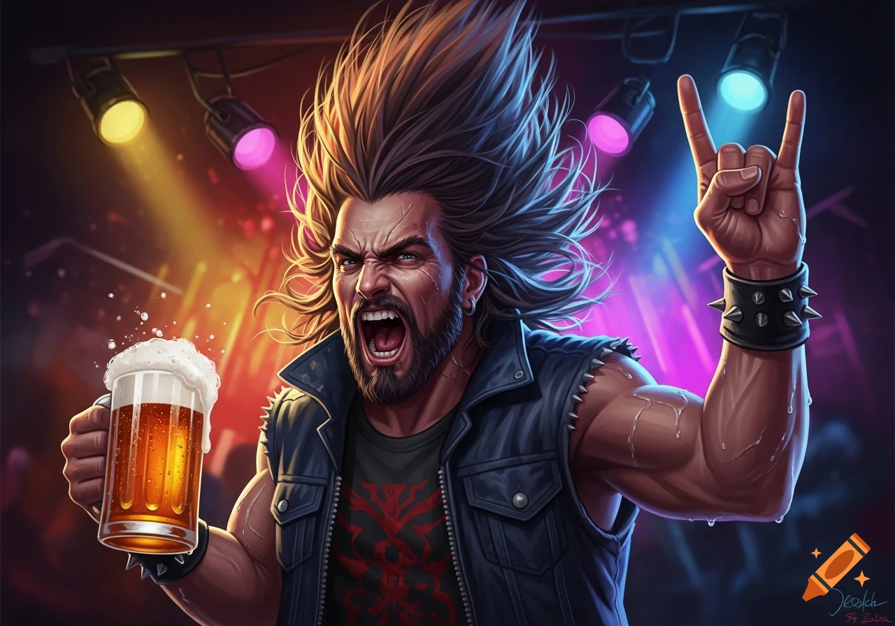 Energetic metalhead screaming with hair flying, holding a foamy beer, and making the sign of the horns at a concert.