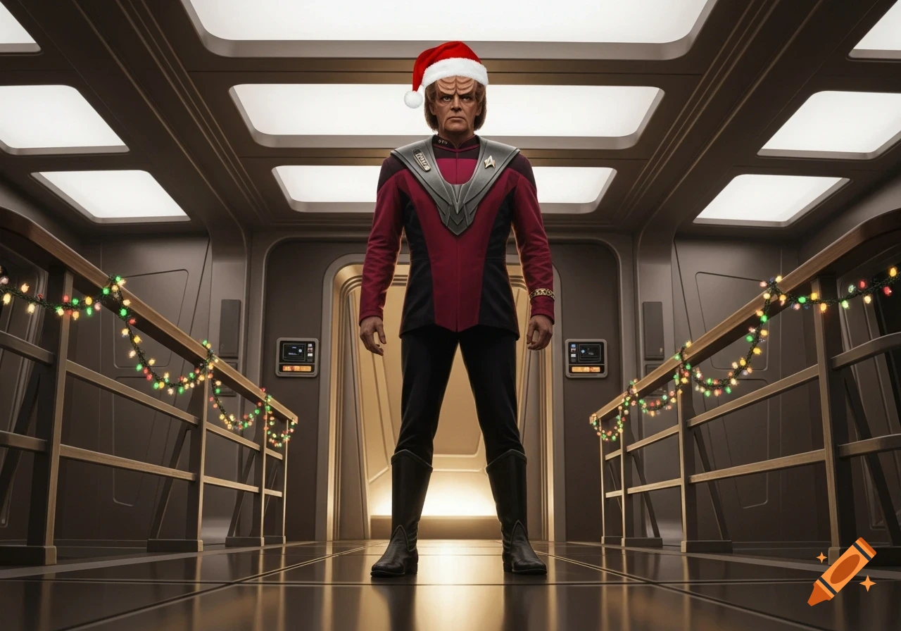 Worf the Klingon in a Santa hat stands in a sci-fi corridor decorated with Christmas lights.