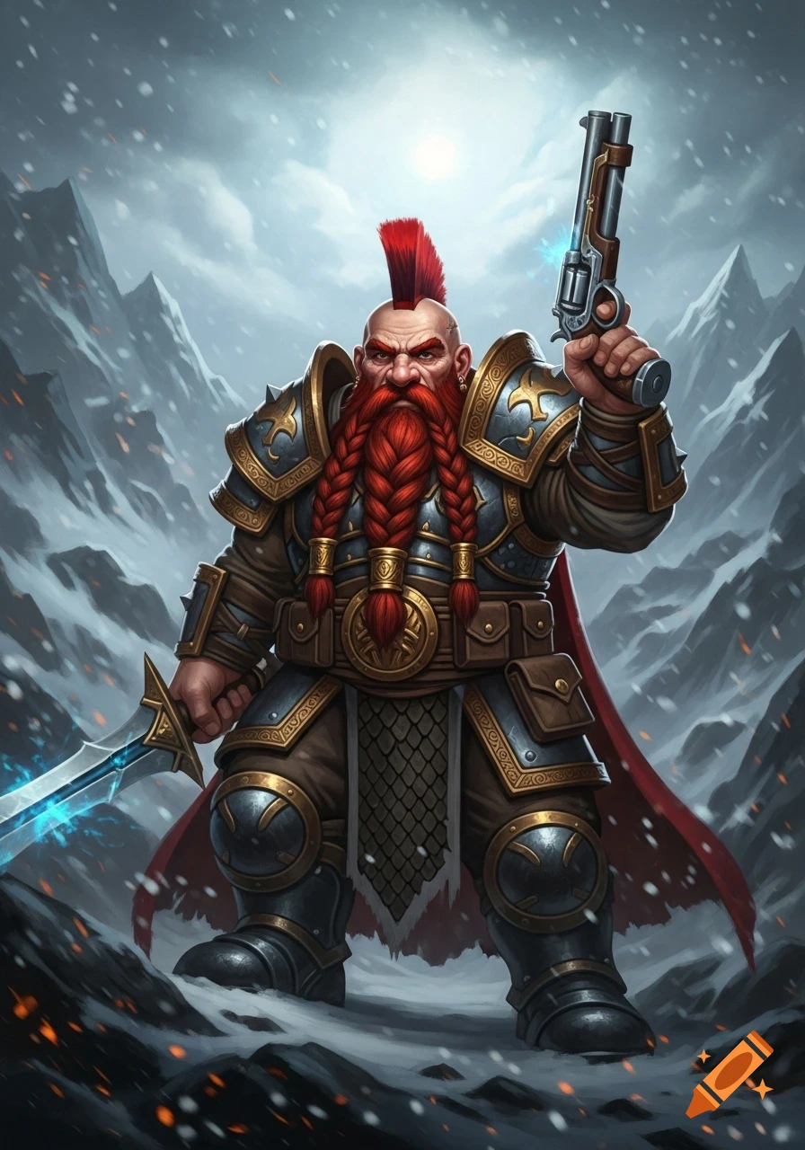 A dwarf warrior with a red mohawk and braided beard, wearing heavy armor, holds a pistol and a glowing sword in a snowy mountain landscape.