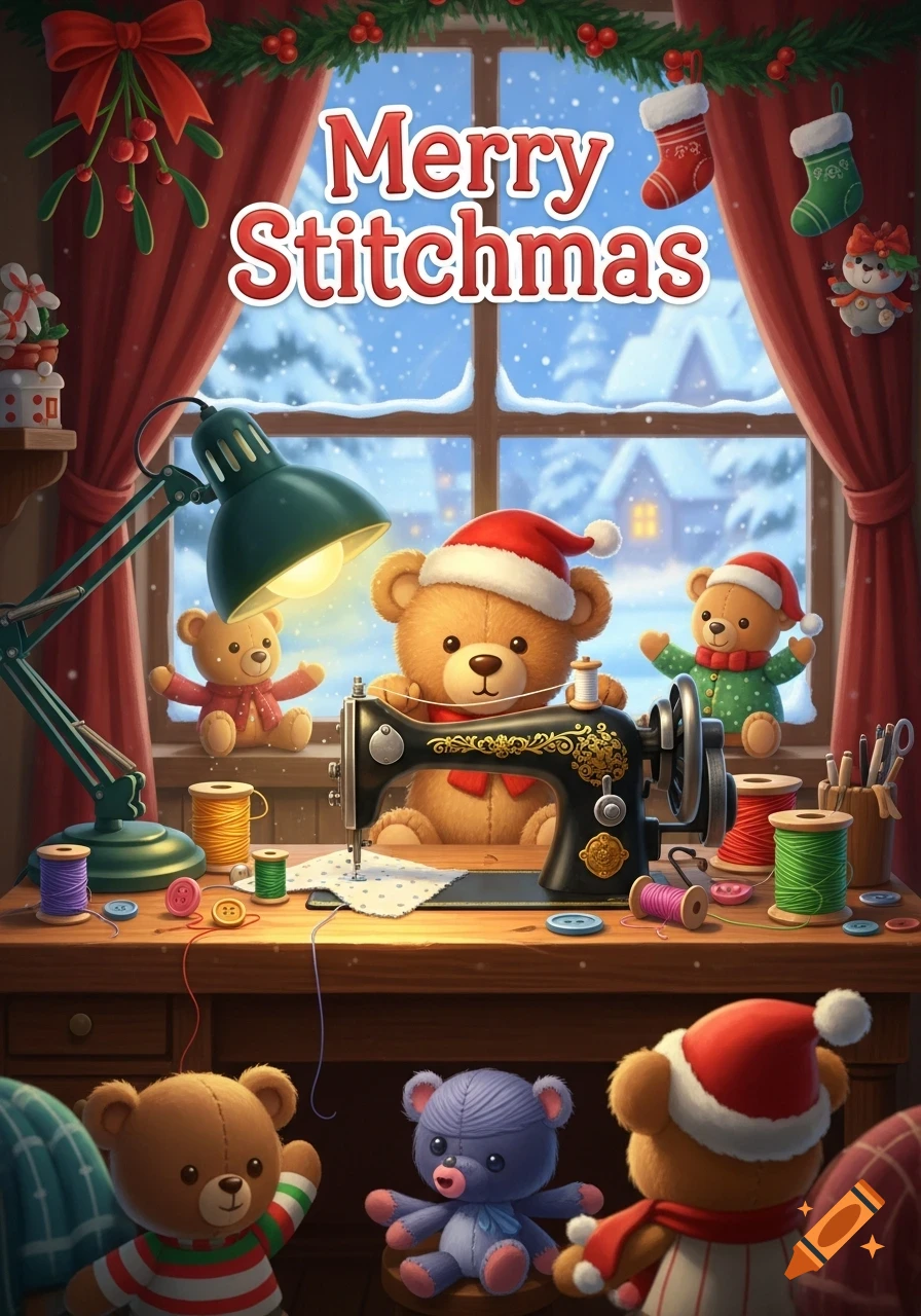A cute teddy bear at a sewing machine in a festive room with snowy window, surrounded by Christmas decorations and other teddy bears.