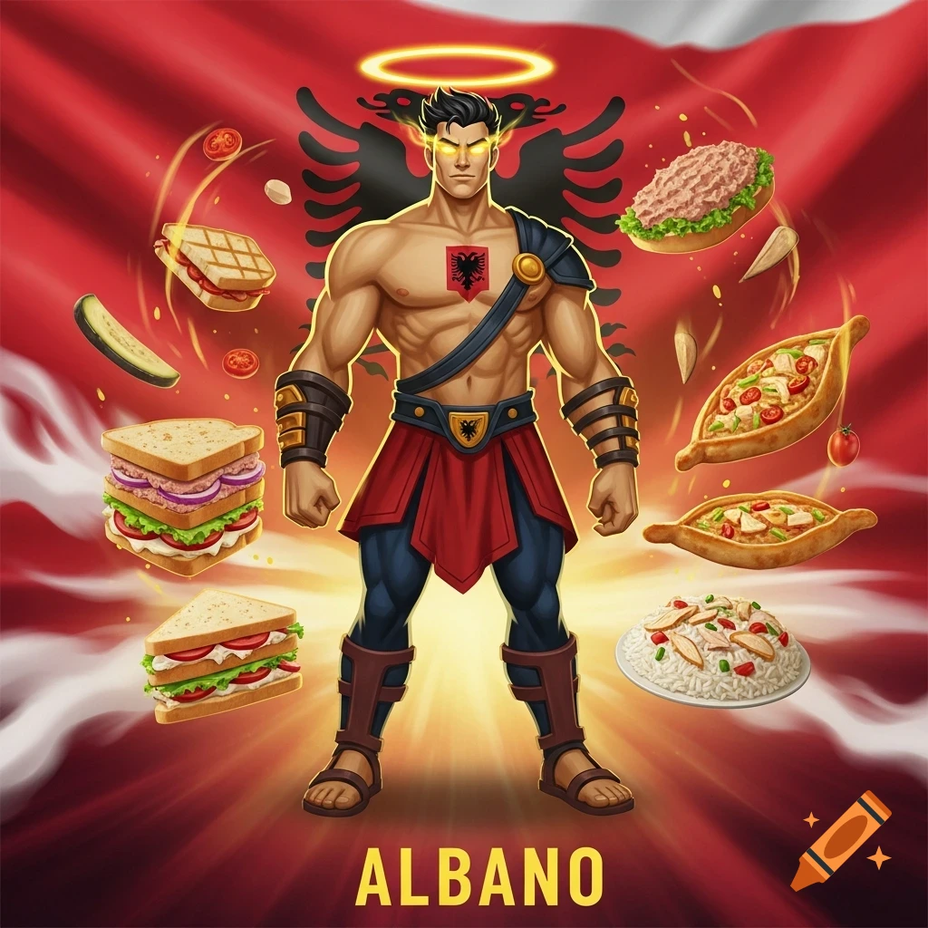 Stylized illustration of a muscular superhero character named Albano with wings and a halo, standing against an Albanian flag, surrounded by floating sandwiches, pide, and rice.