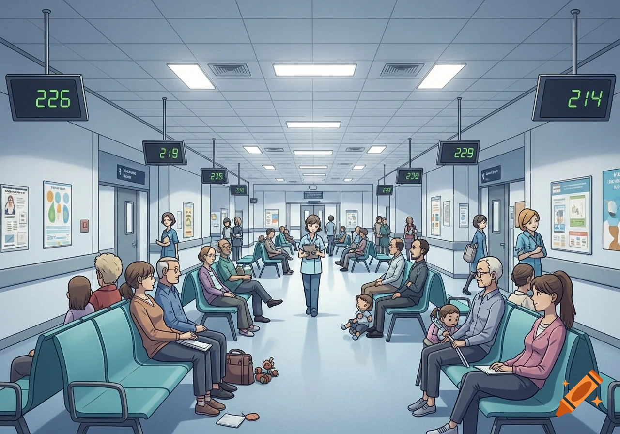 A crowded cartoon-style hospital waiting room with many diverse patients sitting on benches and a nurse in the center holding a clipboard.