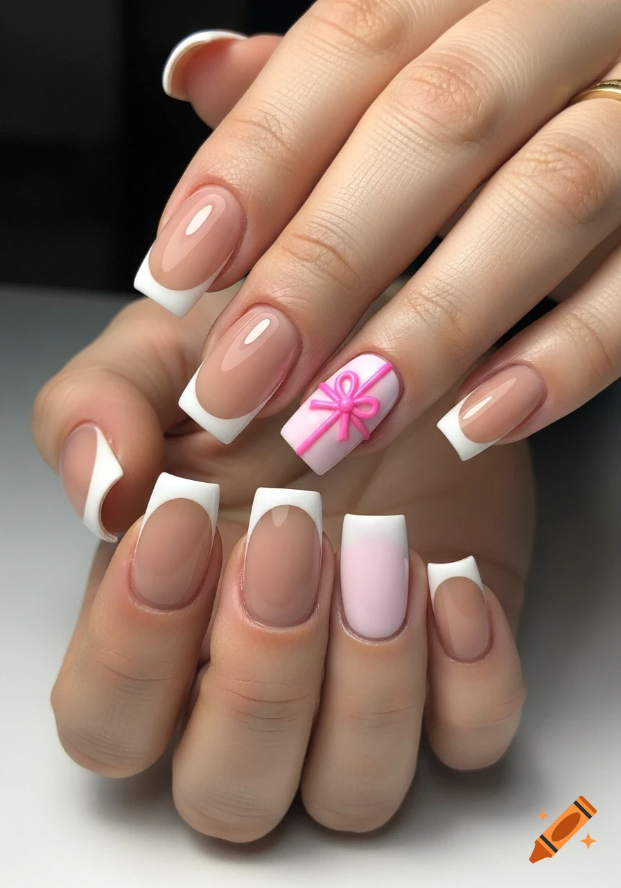 Close-up of a feminine hand with square acrylic nails, nude base, white French tips, glossy finish, and a pink present ribbon accent.
