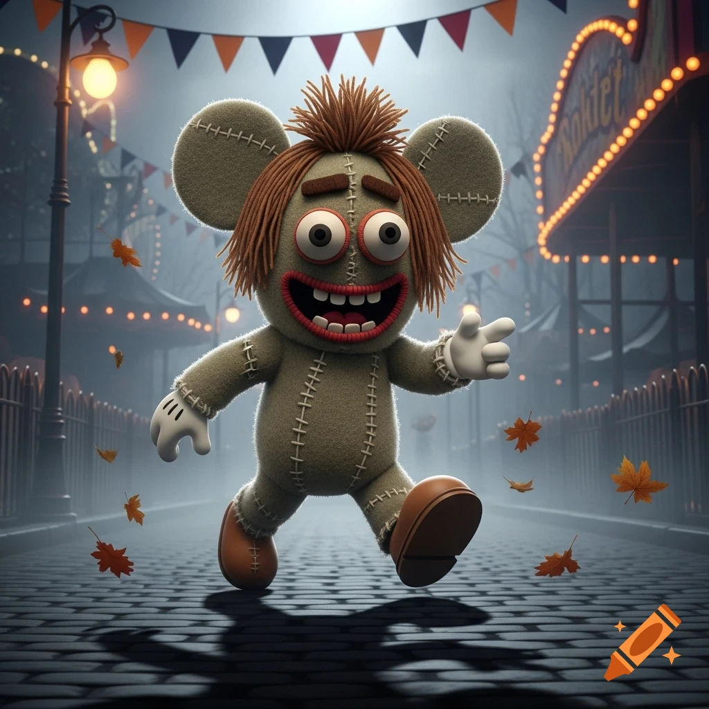 A creepy, stitched mouse-like character with shaggy brown hair and wide eyes, wearing brown shoes and white gloves, walks on a cobblestone street with autumn leaves in a foggy carnival setting.