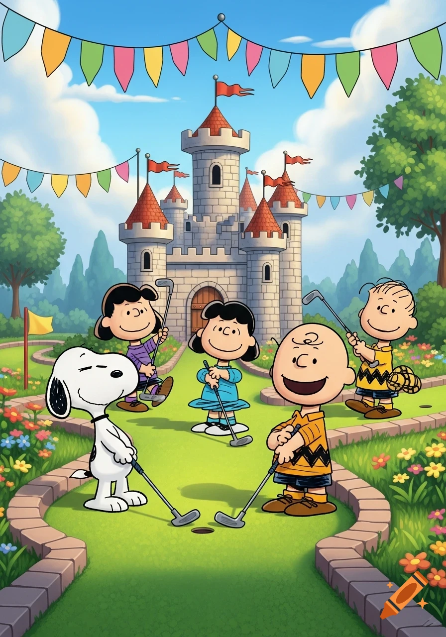 Snoopy, Charlie Brown, and friends play mini-golf on a course featuring a large castle, under colorful bunting.