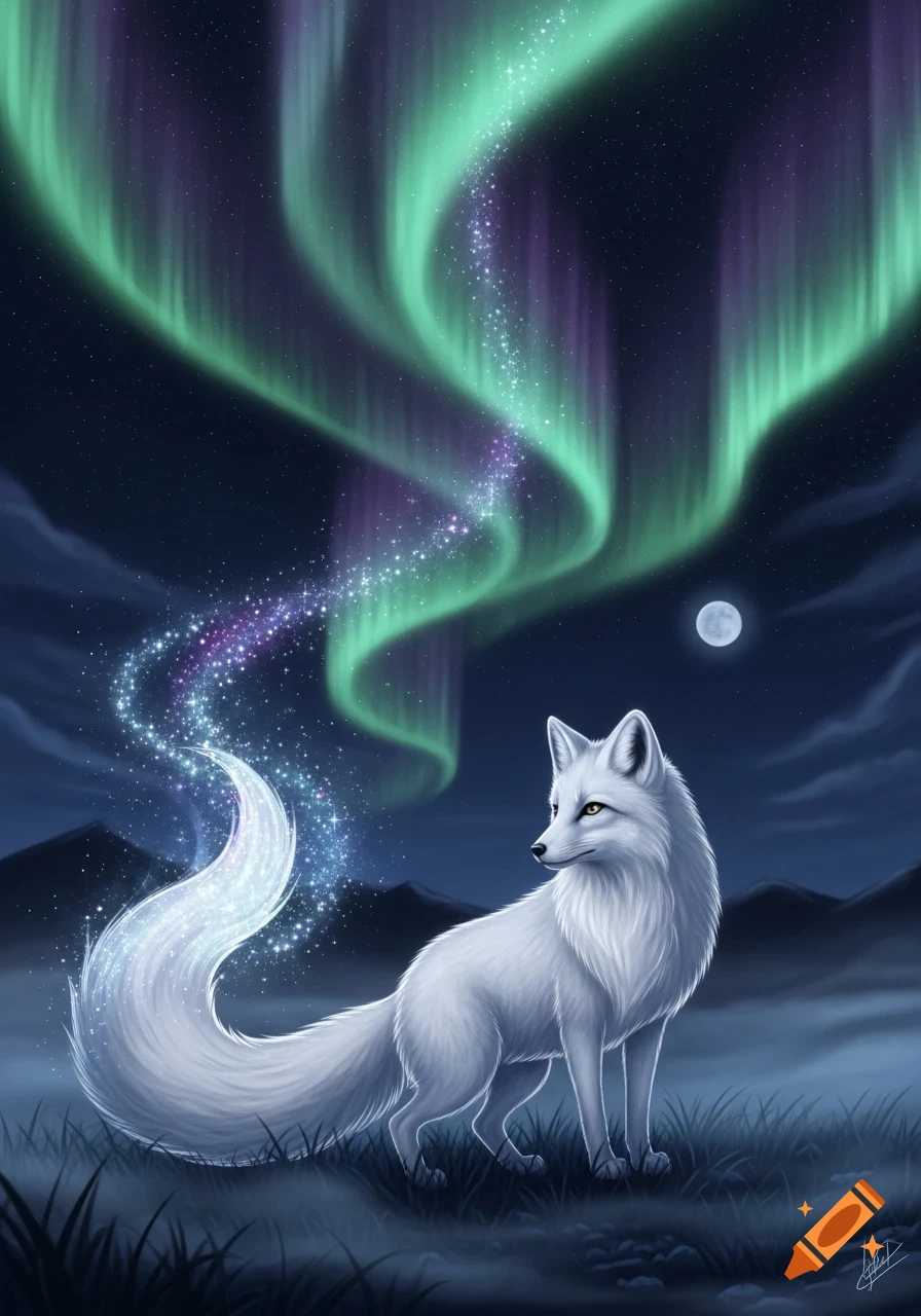 A white fox stands in a grassy field at night under a green and purple aurora borealis with stars emanating from its tail.