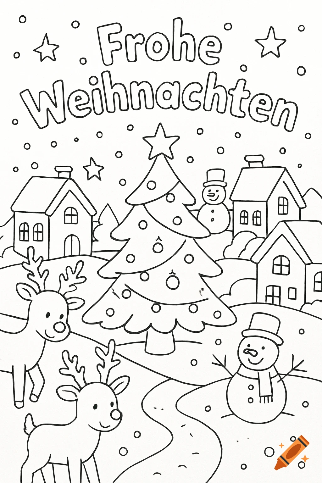 A black and white Christmas coloring page with two reindeer, two snowmen, a decorated tree, and houses, with the text "Frohe Weihnachten".