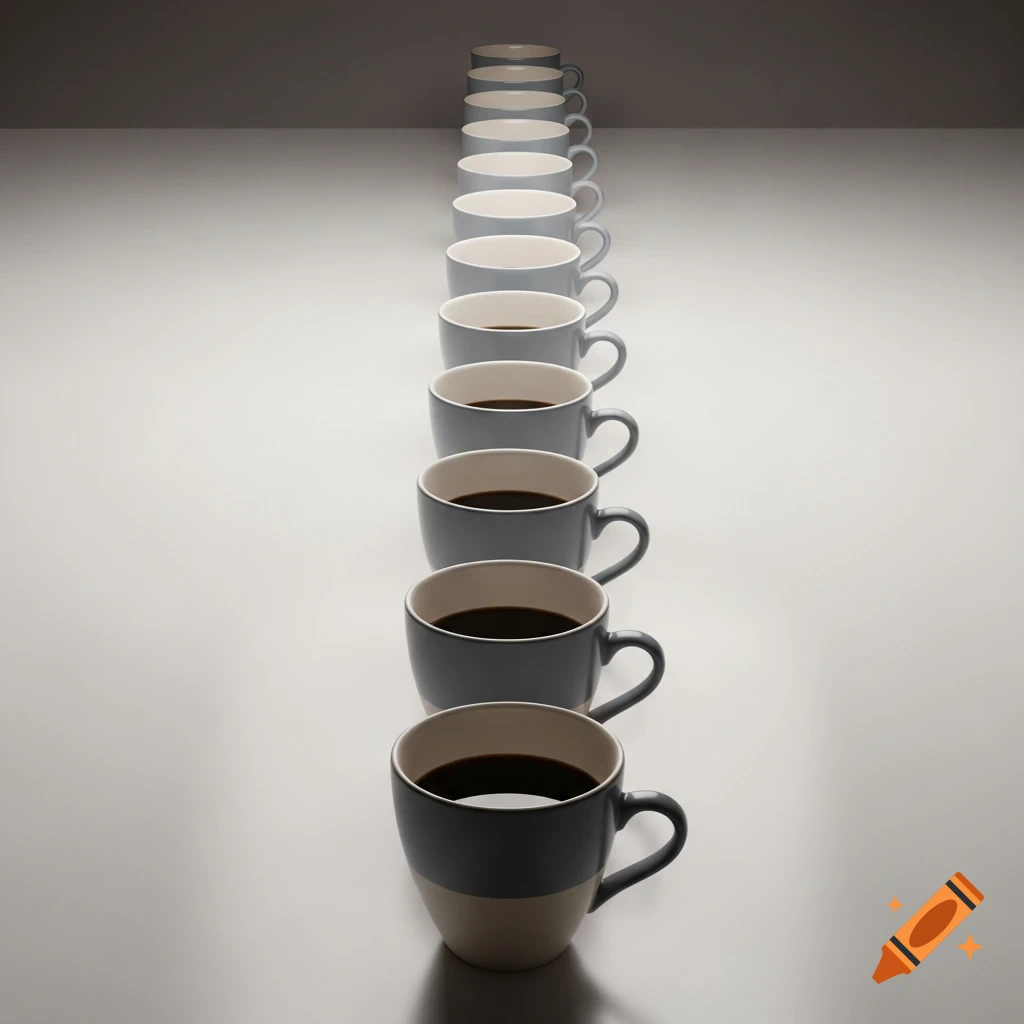 A long line of two-toned grey and beige coffee cups with dark liquid, receding into the distance on a light surface.
