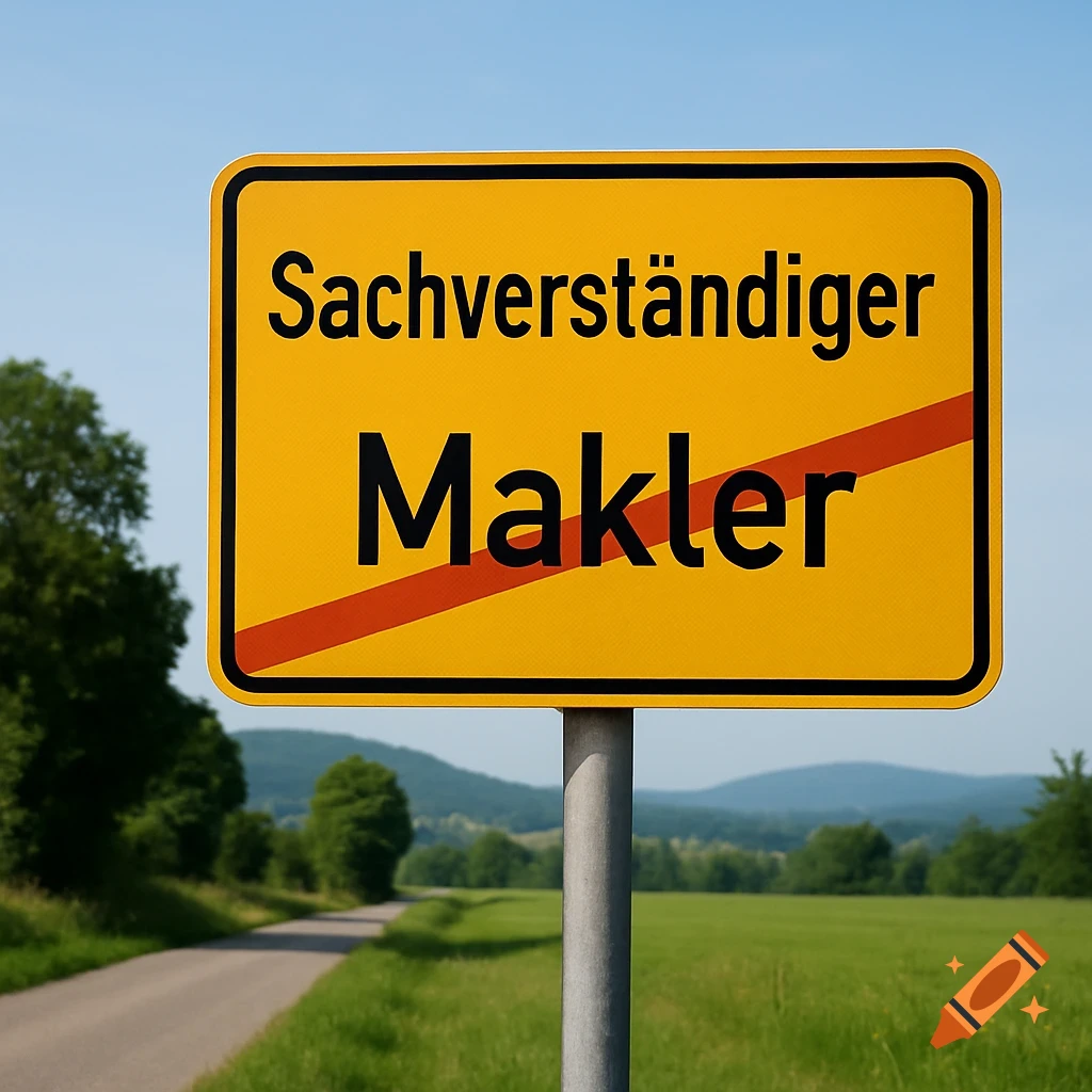 A photorealistic image of a yellow German town sign on a roadside, featuring 'Sachverständiger' and 'Makler' with a red diagonal bar.