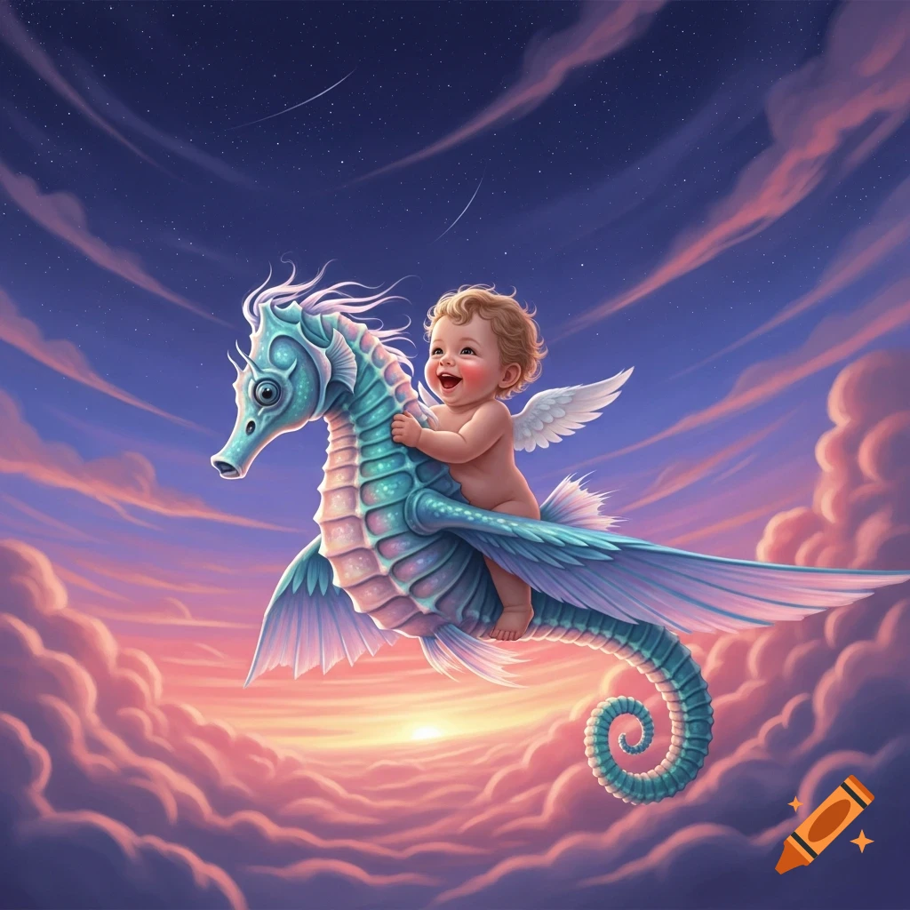 A happy, winged baby rides a flying blue seahorse through a vibrant sunset sky with pink clouds and stars, in an illustrative style.