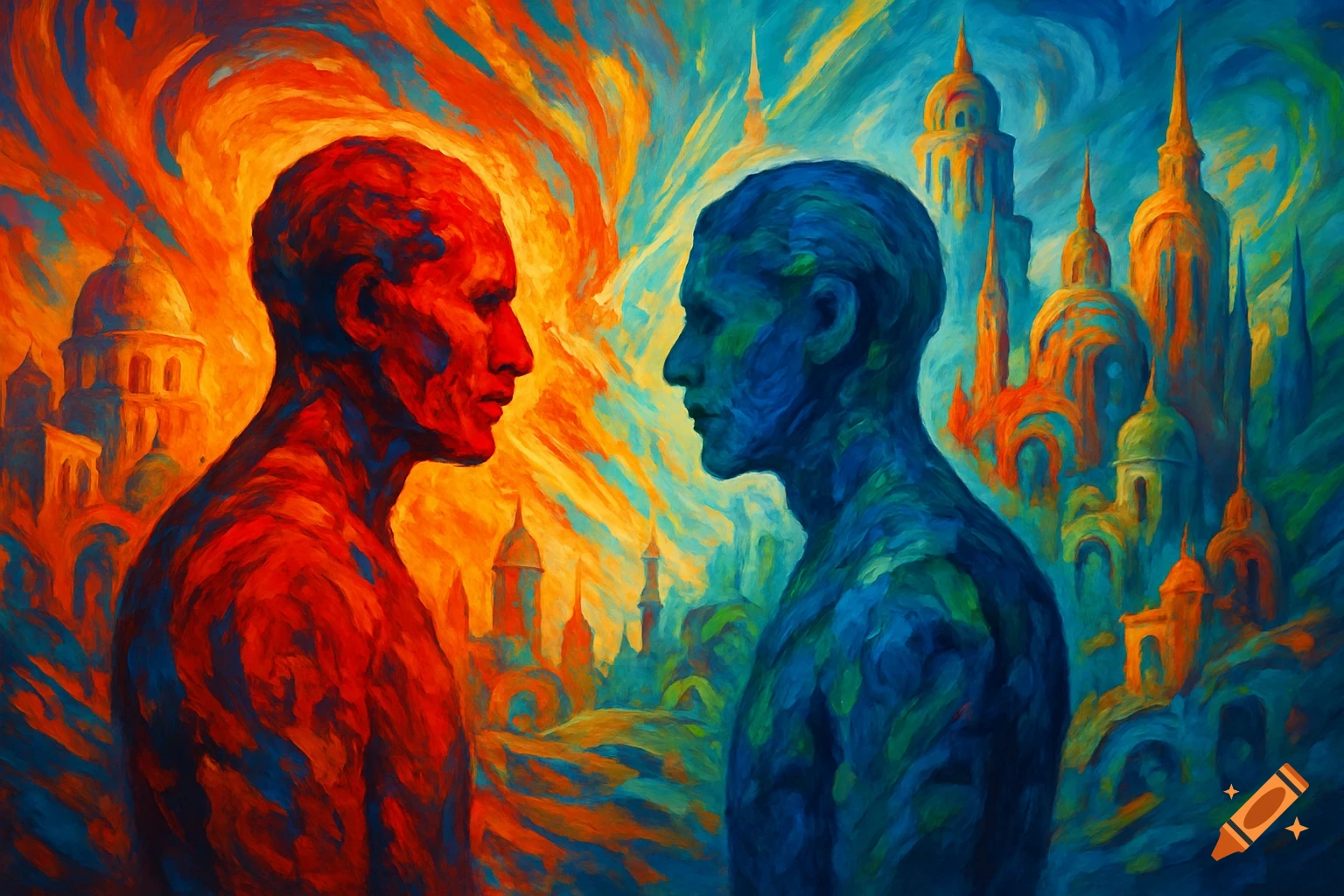 Stylized red and blue figures face each other, with vibrant abstract cityscapes in the background, in a painterly style.