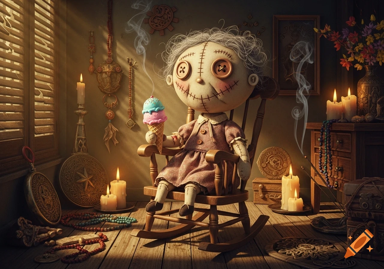 A smiling voodoo doll of an old lady with button eyes and stitched mouth, eating ice cream in a rocking chair in a candlelit, mystical room.