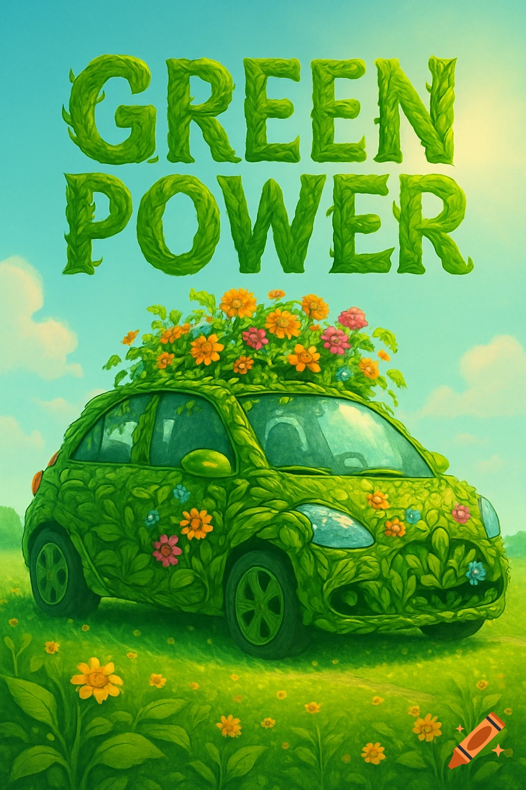 An illustrative image of a car covered in green leaves and colorful flowers, with 'GREEN POWER' text above, against a blue sky.