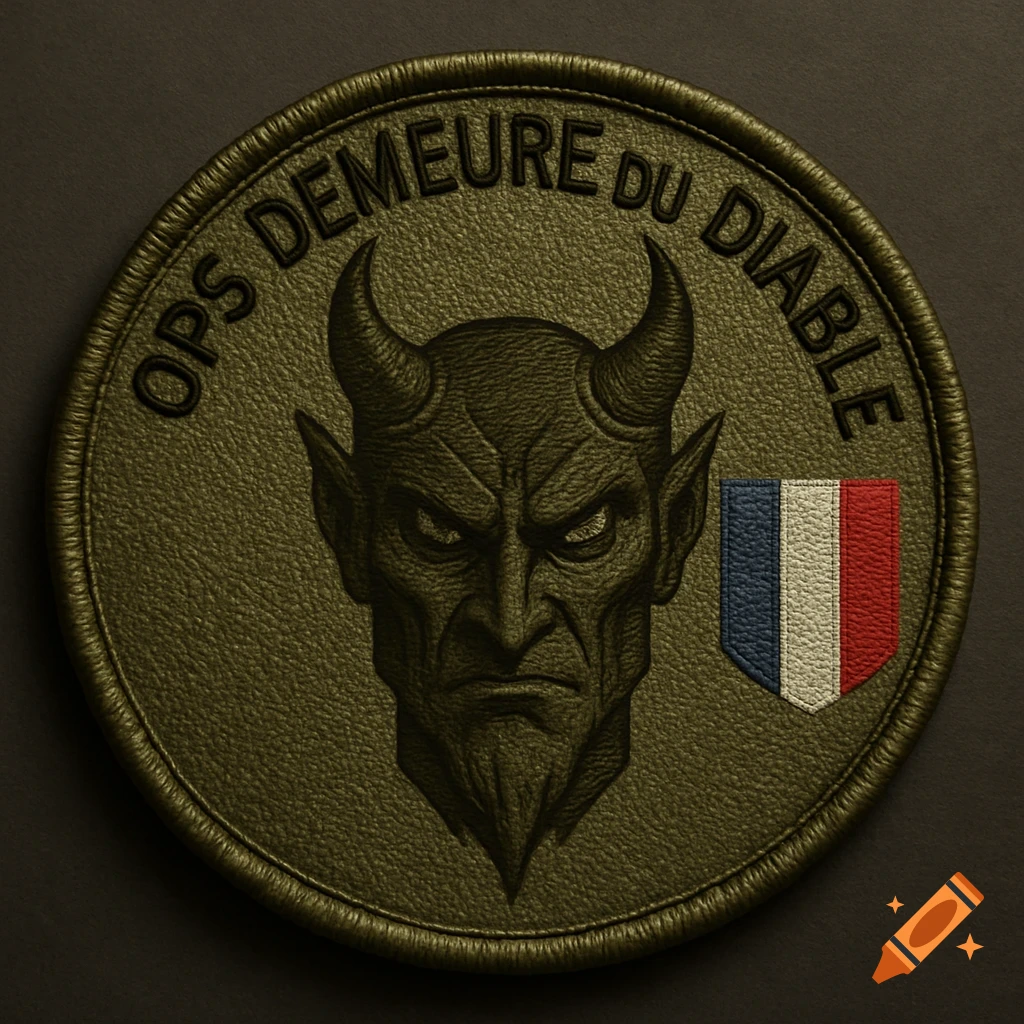 Circular military-style patch with a detailed demonic face, a French flag, and the text 'Ops demeure du diable'.