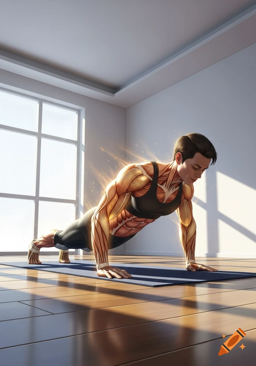 A person with glowing muscles does a push-up on a yoga mat in a sunlit room.