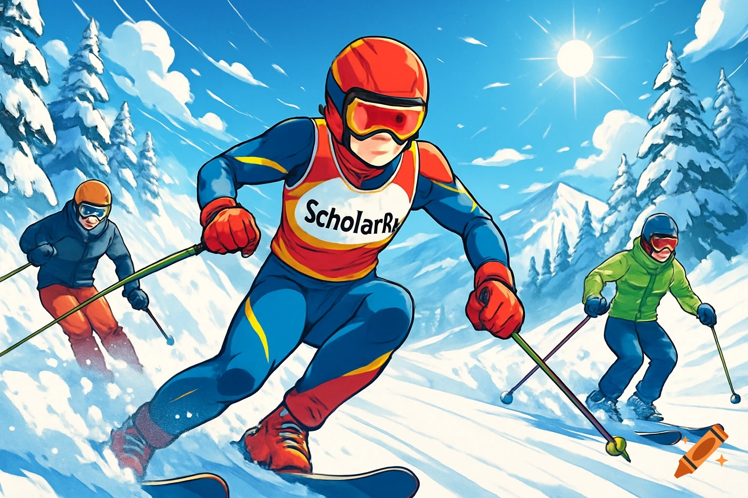 Anime illustration of three skiers descending a snowy mountain with trees under a sunny sky. The lead skier's bib says 'ScholarRx'.