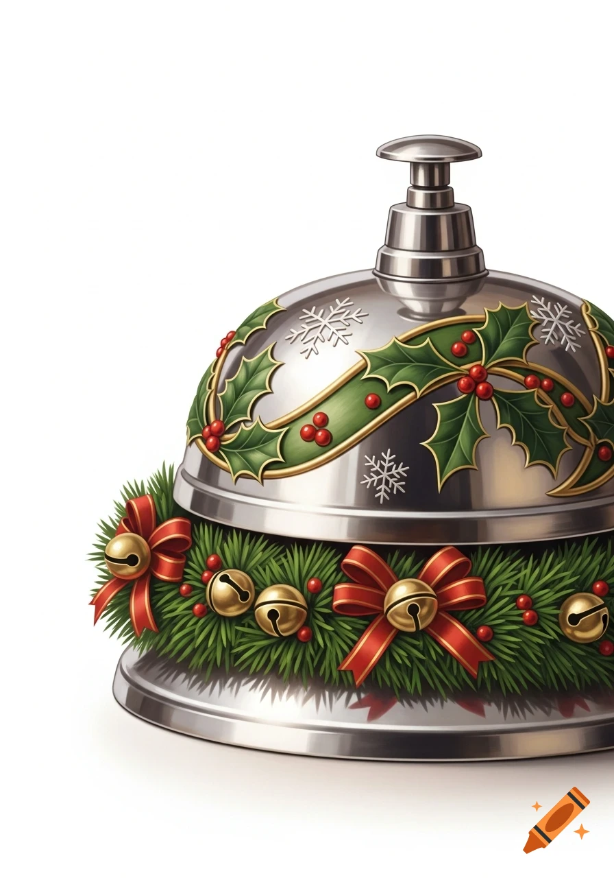 A silver hotel bell decorated with a green holly garland, red berries, white snowflakes, pine boughs, and red bows with gold jingle bells on a white background.