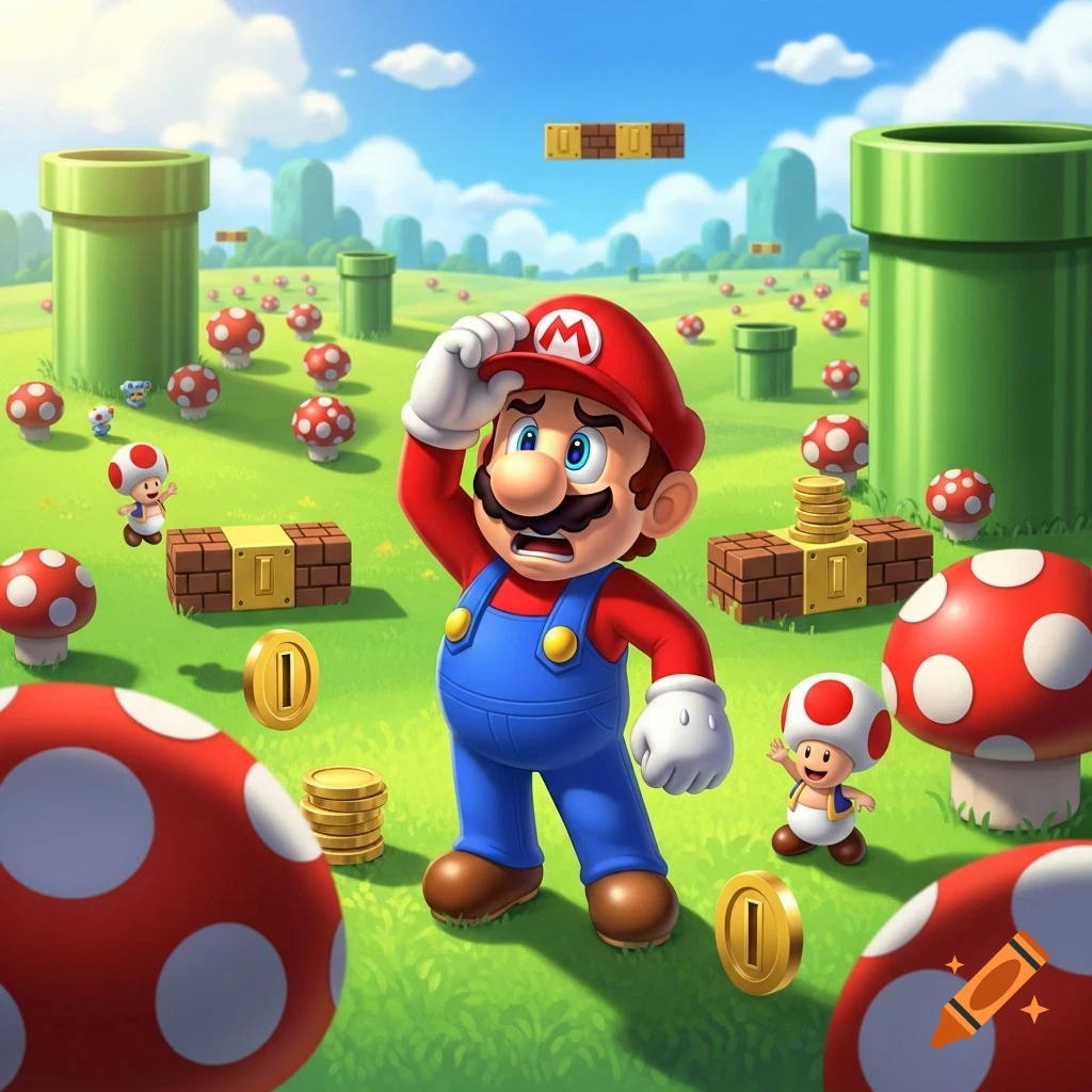 Super Mario looks concerned, hand to his head, in a vibrant cartoon landscape with green pipes, red mushrooms, and Toads.