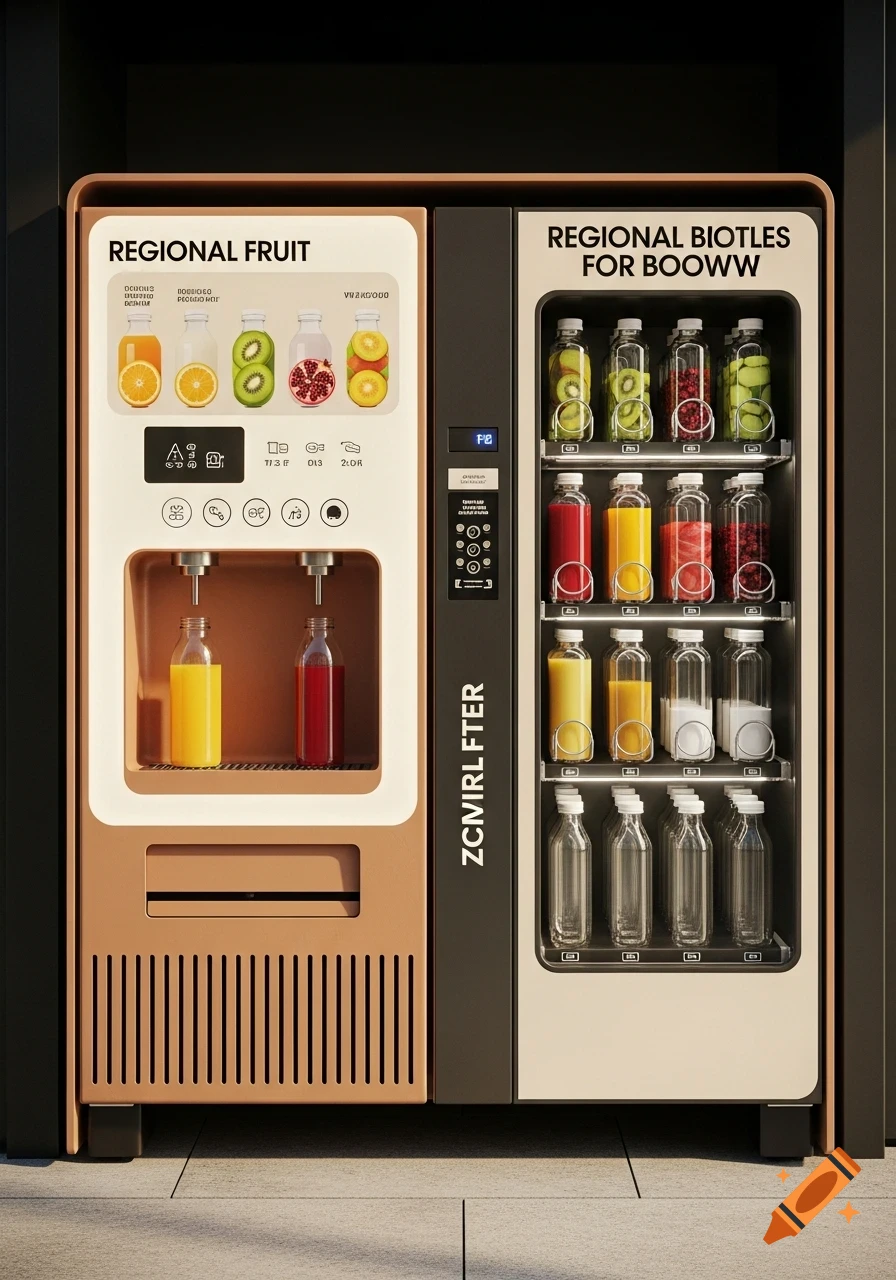 A modern, sleek vending machine dispenses and refills bottles with various colorful fruit drinks and juices in an urban setting.