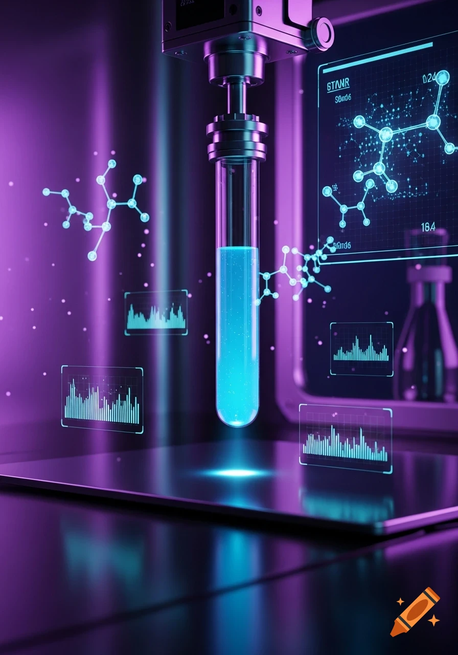 Futuristic lab scene with a glowing blue test tube, surrounded by molecular structures and digital data displays in vibrant purple and blue light.