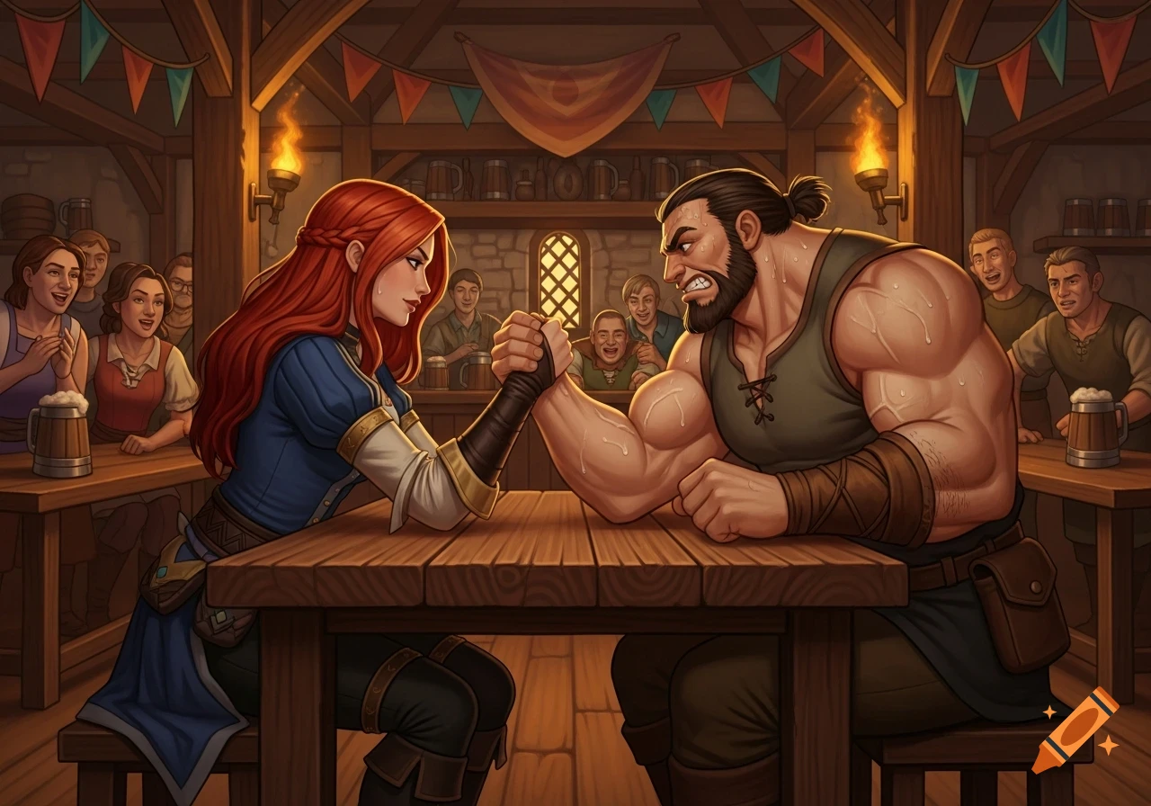 A red-haired woman and a muscular man arm wrestle on a wooden table in a busy, torchlit tavern as onlookers cheer, in a cartoonish fantasy style.