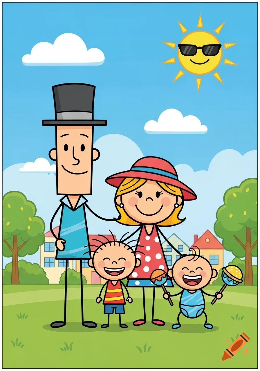 A cartoon stick figure family, including a father in a top hat, a mother in a wide-brimmed hat, and two young children, stands smiling in a green park with houses in the background and a smiling sun in the blue sky.