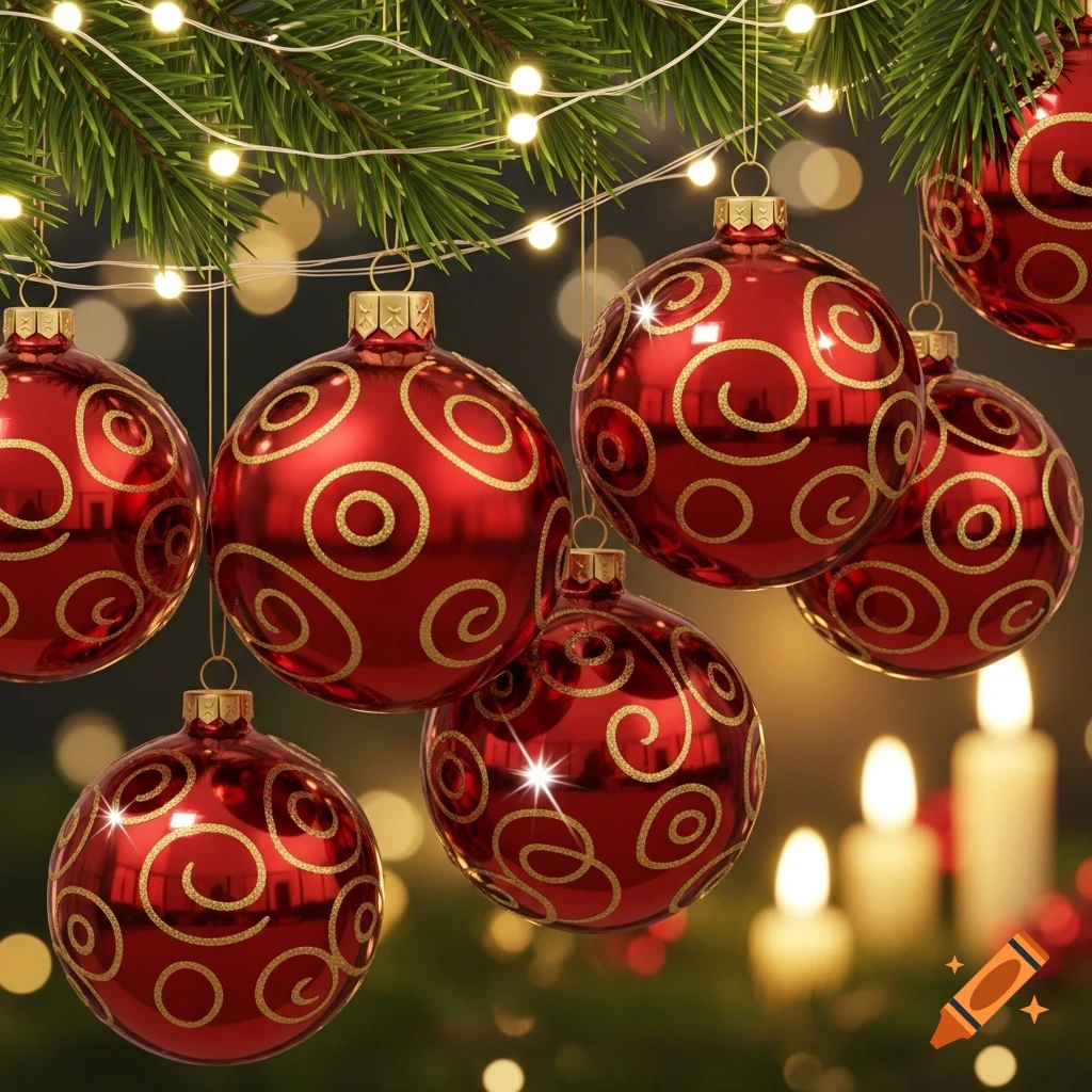 Red Christmas ornaments with golden swirls hanging from a fir branch with string lights and blurred candles in the background.
