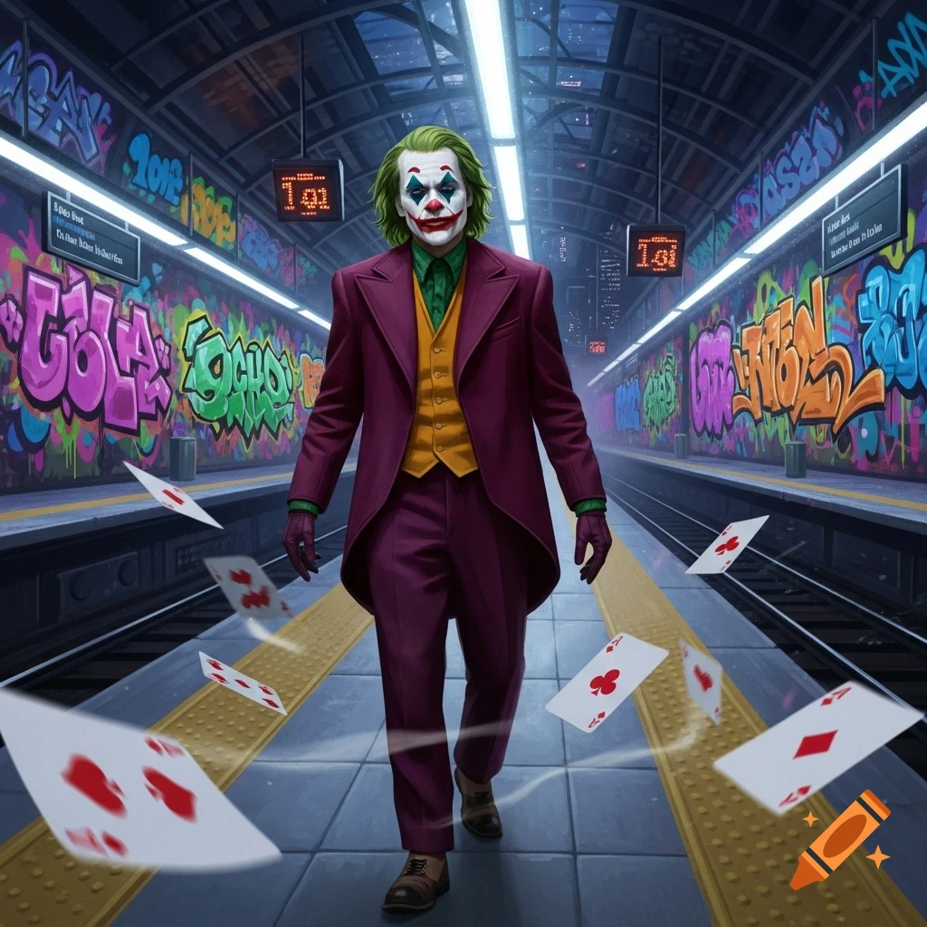 The Joker, in a purple suit and green hair, walks down a graffiti-covered subway platform as playing cards float around him.