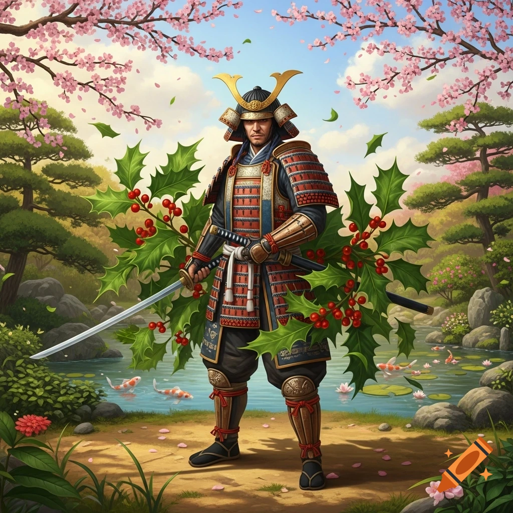 A samurai warrior in full armor stands in a Japanese garden with cherry blossoms, a pond with koi fish, and large holly branches surrounding him.
