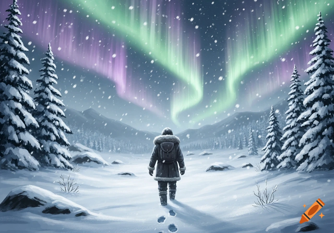 A person walks through a snowy landscape under a vibrant green and purple aurora borealis.