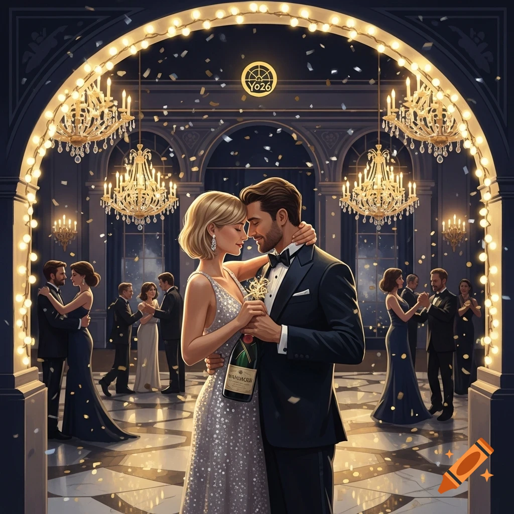 A elegantly dressed couple embraces under a grand archway strung with lights, holding a champagne bottle as confetti falls around them in a lavish ballroom.