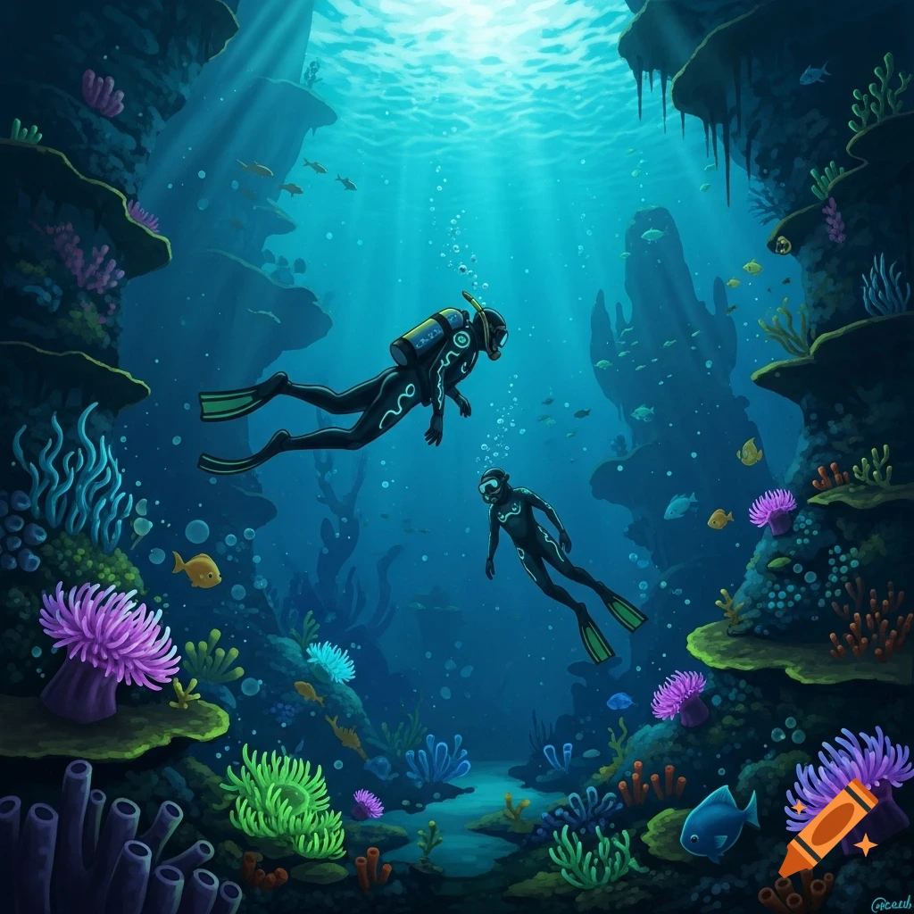 Two divers explore a colorful, spooky underwater grotto with glowing coral, fish, and shafts of sunlight filtering through the water.