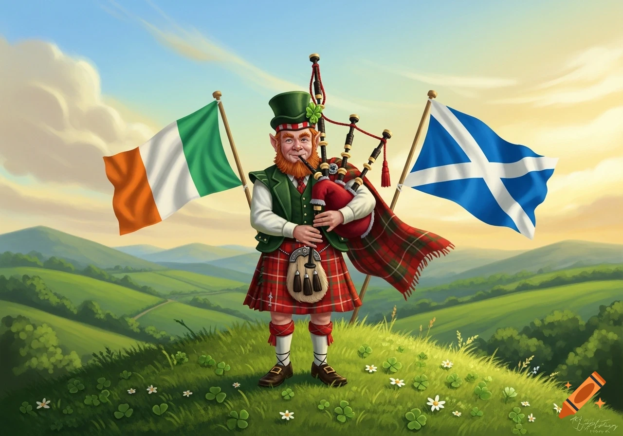 An illustrated leprechaun in a green top hat and red kilt plays bagpipes on a grassy hill with Irish and Scottish flags.
