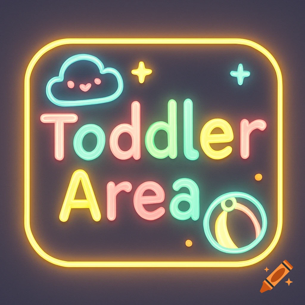 A colorful neon sign with 'Toddler Area' written in rounded letters, featuring a smiling cloud and a beach ball. The sign glows brightly.